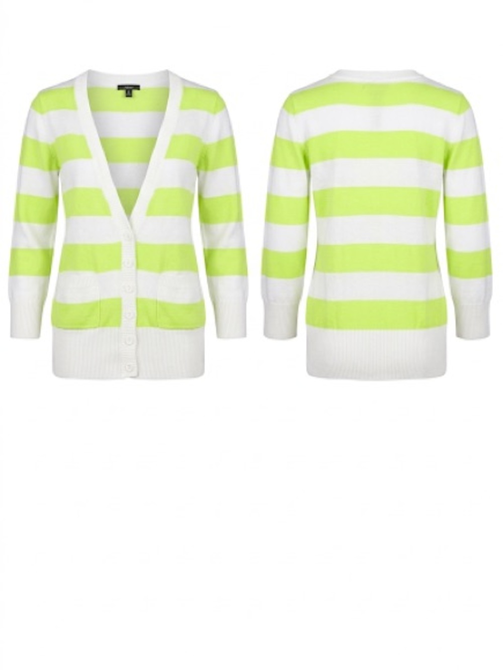 Striped V-Neck Button Cardigan - Neon Lime & White